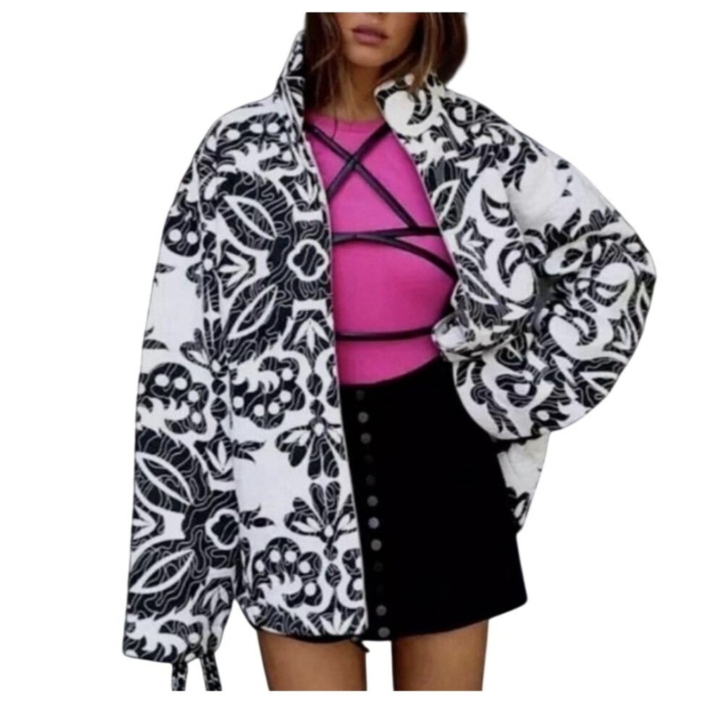 ZARA PRINTED QUILTED JACKET ECRU WHITE BLACK NEW 100% cotton SIZE Large 6895/814